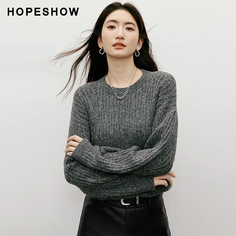 红袖2025冬女装 复古绞花亮丝珠片落肩圆领套头针织衫90125360113