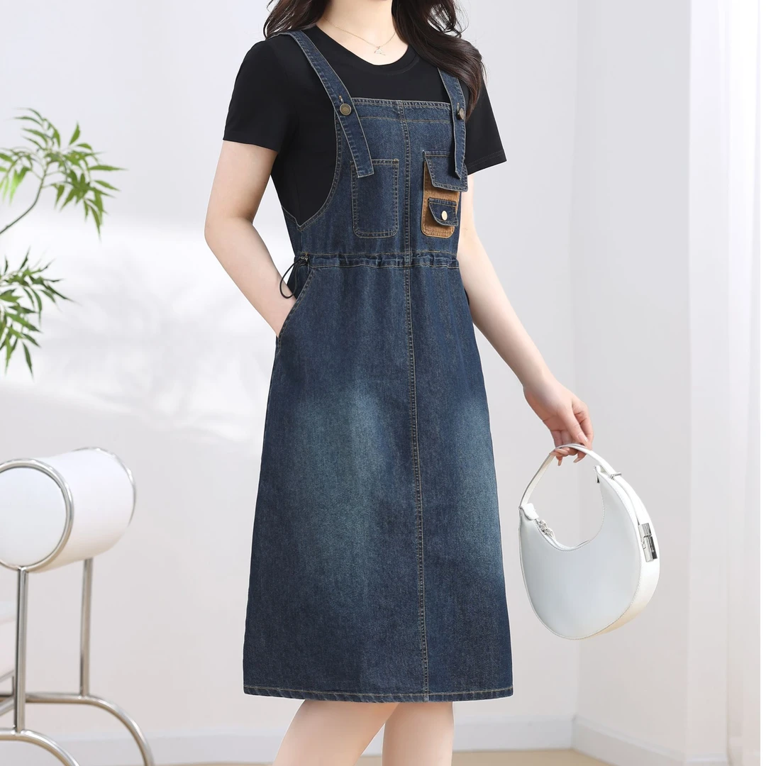 假两件蓝色牛仔背带裙女夏季新款圆领拼接减龄妈妈休闲开叉连衣裙