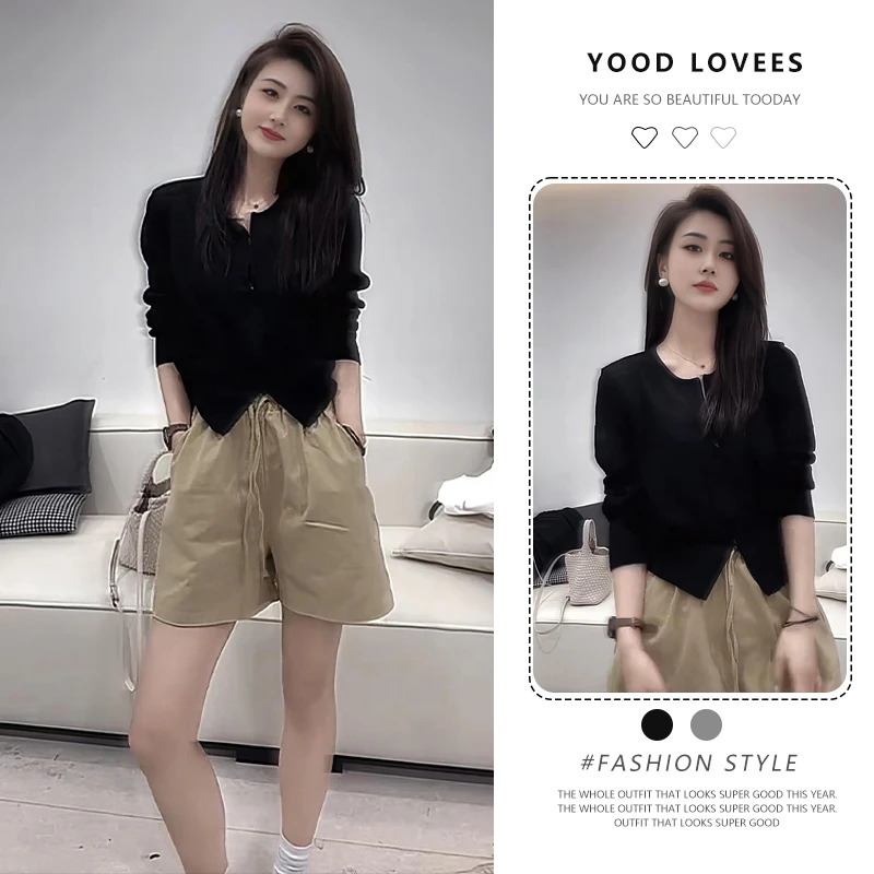 夏季新款黑色针织上衣防晒开衫百搭高腰A字阔腿宽松显瘦短裤套装