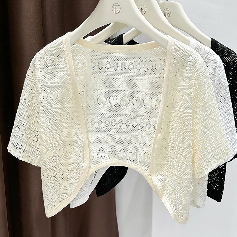 夏季透气披肩配小裙子吊带短款小坎肩外搭冰丝镂空针织开衫短袖