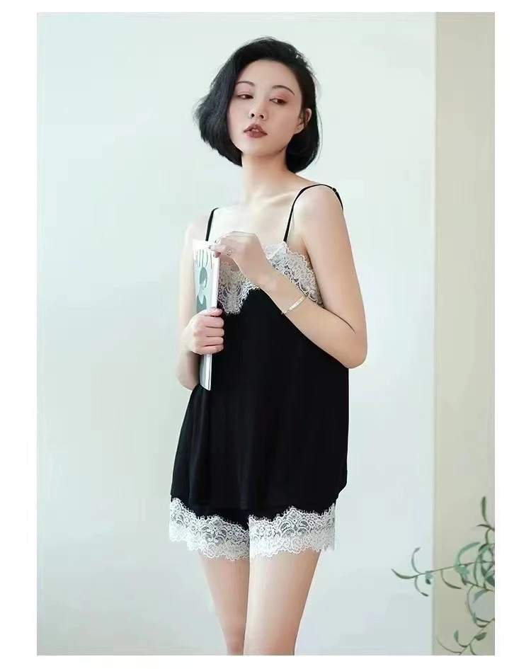 睡衣气质纯色家居服套装吊带裙短裤拼接薄款睡裙夏季