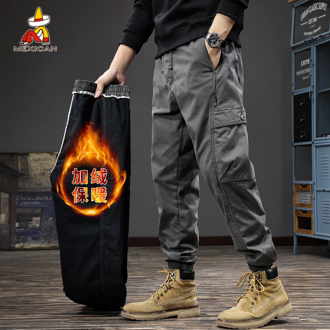 Mexican/稻草人冬季加绒工装休闲裤男款美式户外宽松百搭束脚裤子
