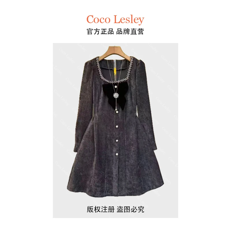 COCO LESLEY时尚小香风蝴蝶结显瘦裙子大码MM秋冬新款中长连衣裙