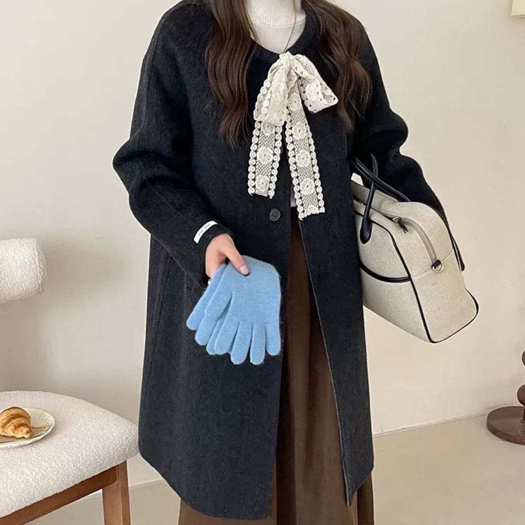 秋冬新款双面大衣女甜美蕾丝蝴蝶结中长款百搭显瘦