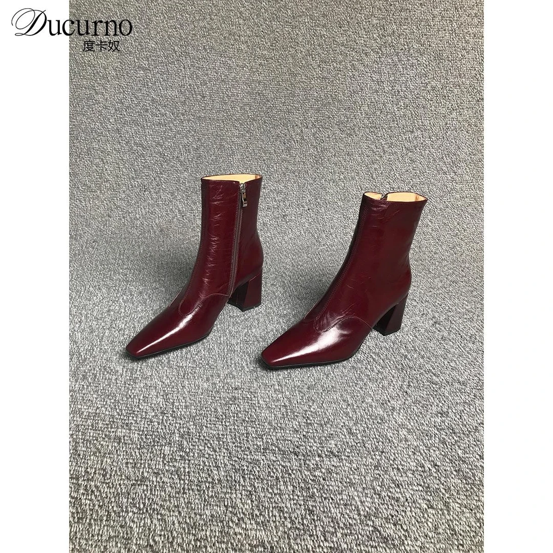 DUCURNO英伦风粗跟尖头小短靴女侧拉链气质单靴时尚百搭切尔西靴