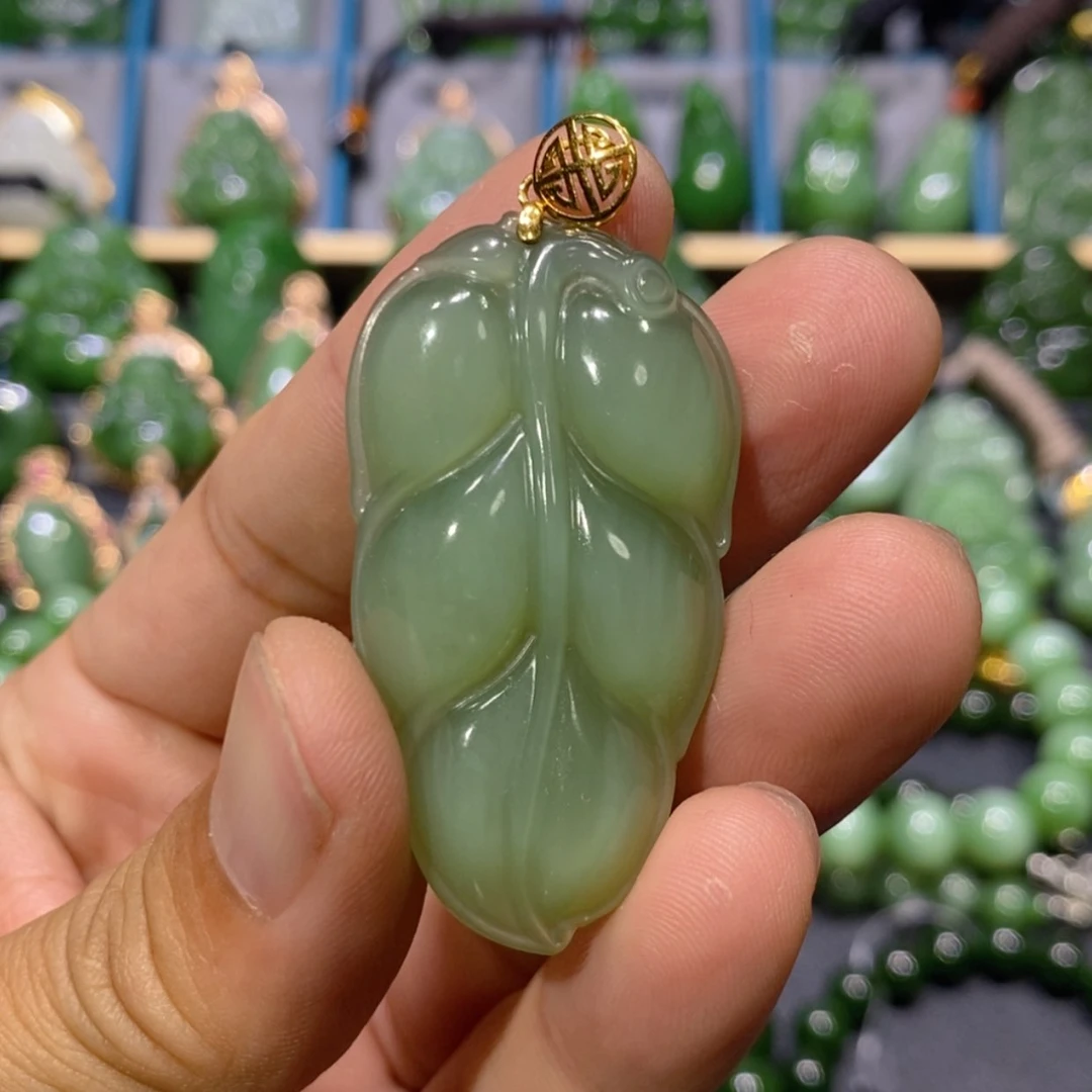 【闪购商品】和田玉吊坠(不含链)18K金镶嵌粉青猫眼叶子48/26