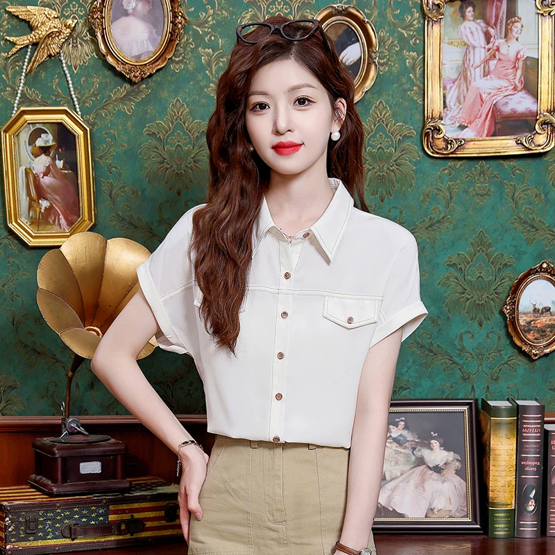 夏季时尚小众气质设计感减龄洋气百搭柔软短袖透气翻领衬衣衬衫女