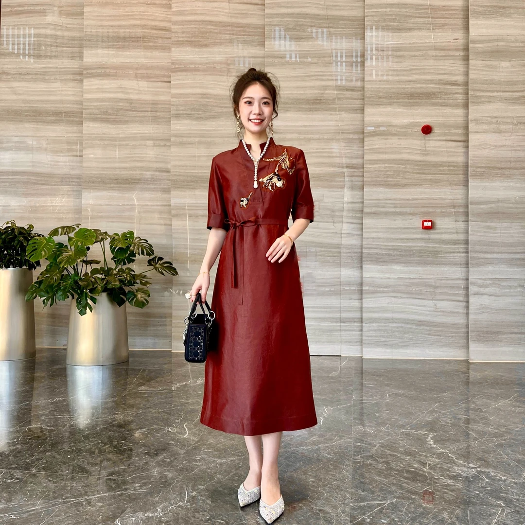 FSSIA铭泽｜红云纱红油皮龟100桑蚕丝国风珠片刺绣中袖连衣裙5022