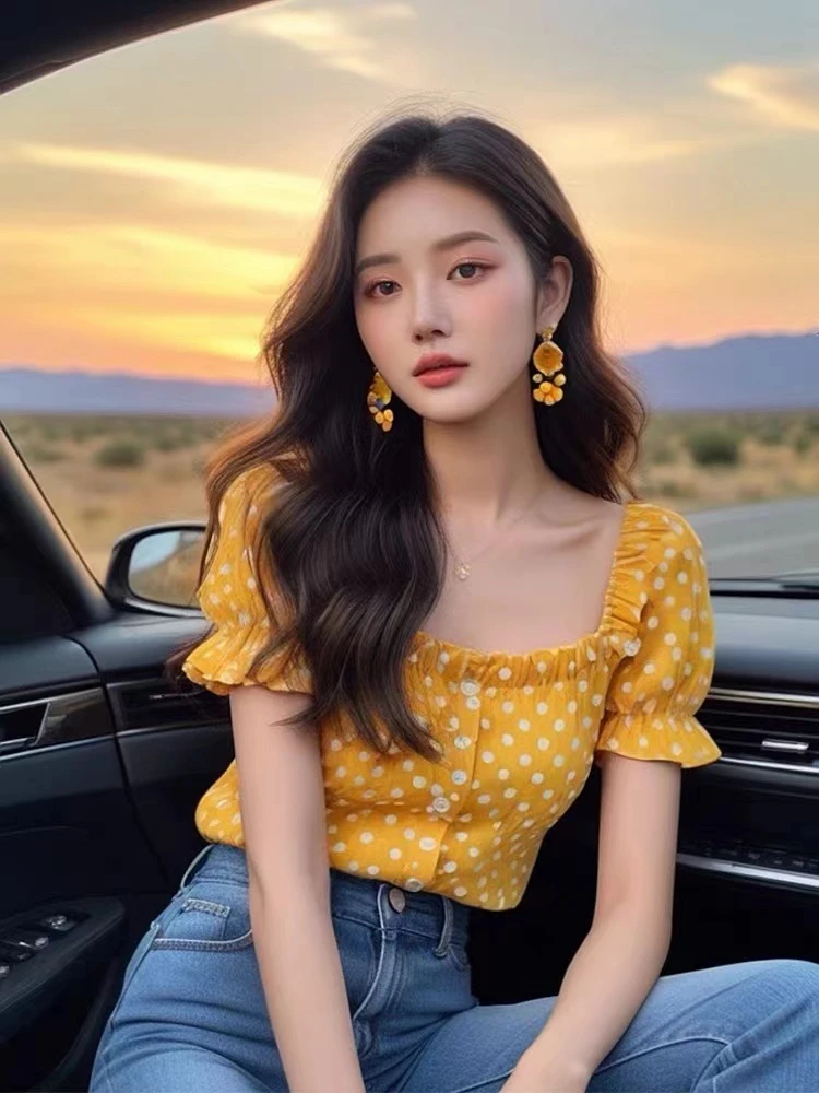 法式独特别致气质小衫黄色方领波点短袖衬衫复古洋气气质优雅上衣