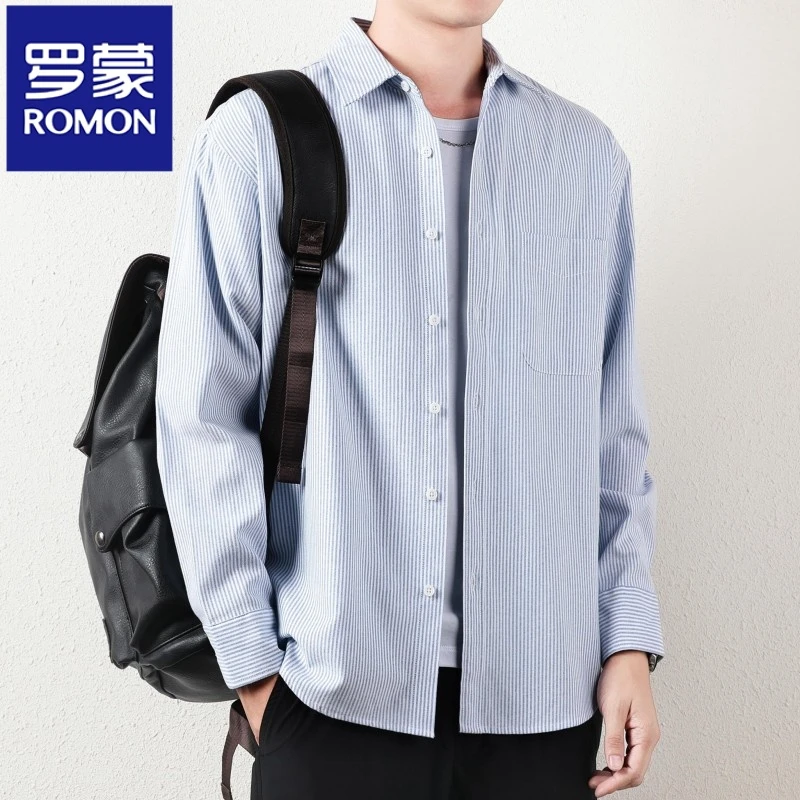 Romon/罗蒙男士长袖衬衫春秋新款商务休闲宽松条纹翻领百搭衬衣