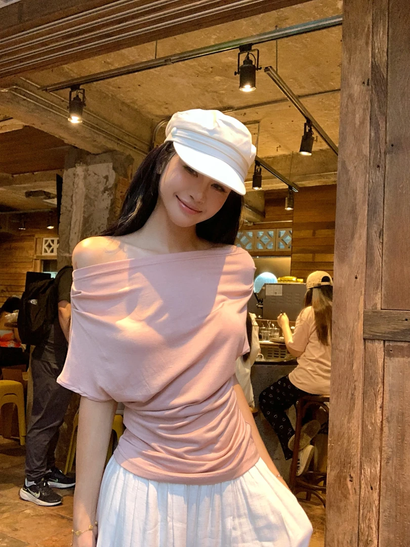 斜肩收腰t恤随性慵懒风气质显瘦百搭时髦短袖一字领上衣