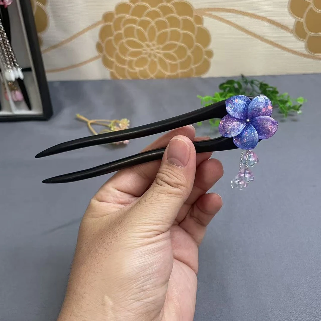 15厘米黑檀木发钗双钗发簪古风盘发簪簪子步摇流苏旗袍马面裙头饰
