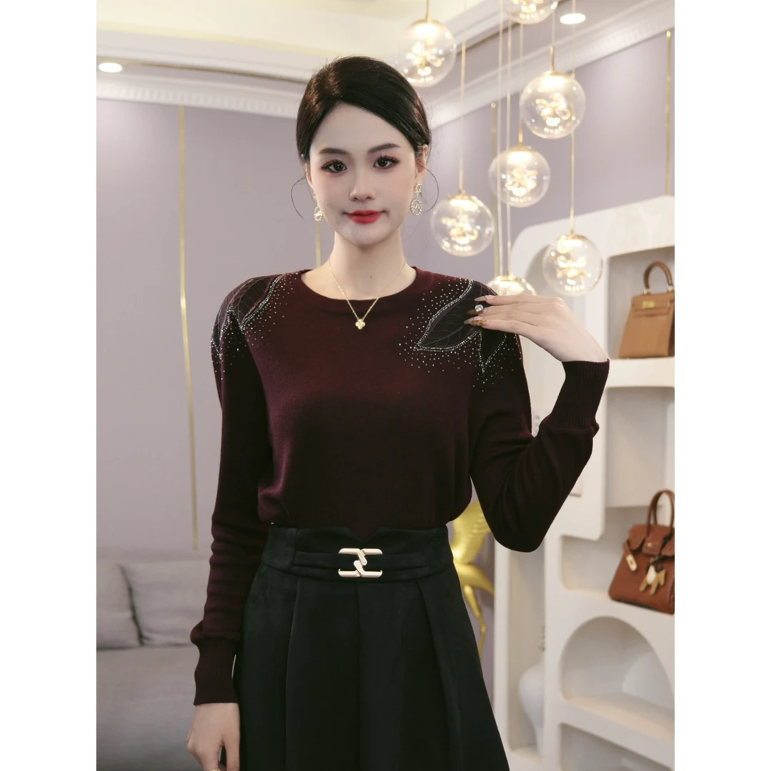 2026秋冬新款【LT-1209PY】含绵羊毛烫钻镂空葡萄紫针织小衫上衣