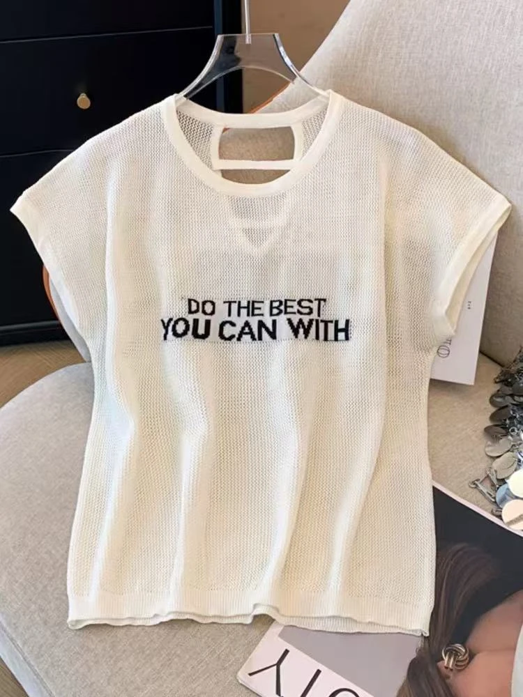 0003-后背镂空字母飞袖冰丝针织短袖T恤女2025夏新款轻薄*614