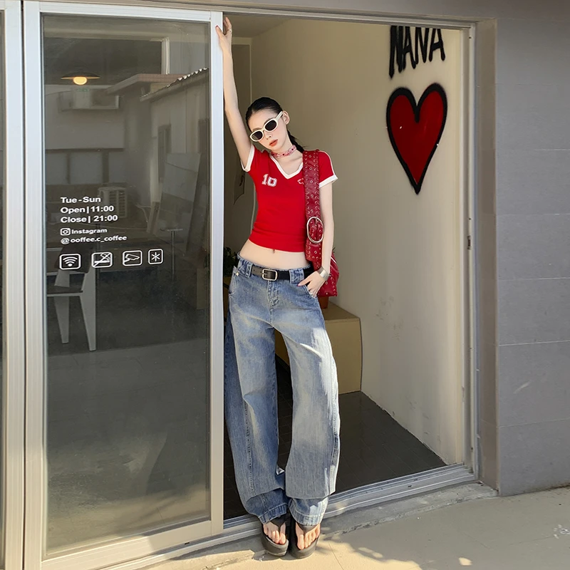 BNNSHOOR美式复古水洗浅蓝色弯刀牛仔裤女新款宽松阔腿拖地裤