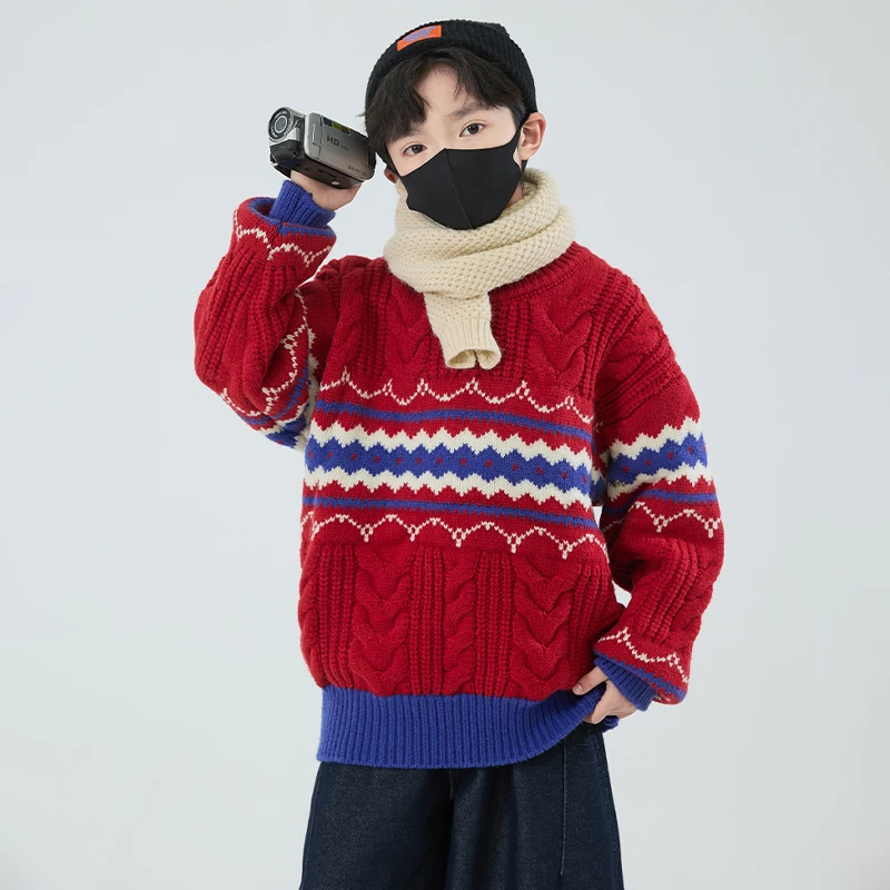 男童冬季加厚红色毛衣2026新款儿童中大童本命马年冬装拜年衣服潮