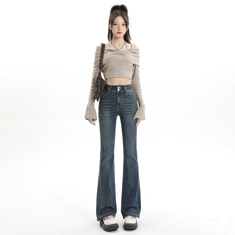 微喇裤子女2025年新款夏季高腰修身显瘦紧身喇叭裤复古马蹄牛仔裤