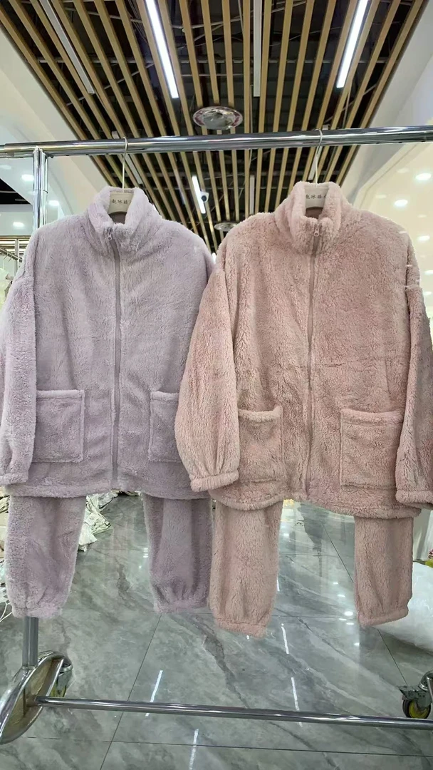 女士秋冬加绒宽松长袖保暖休闲拉链款睡衣家居服套装