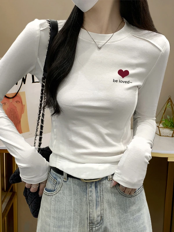 韩系秋冬百搭修身T恤女显瘦圆领长袖设计感别致鱼骨线打底衫上衣