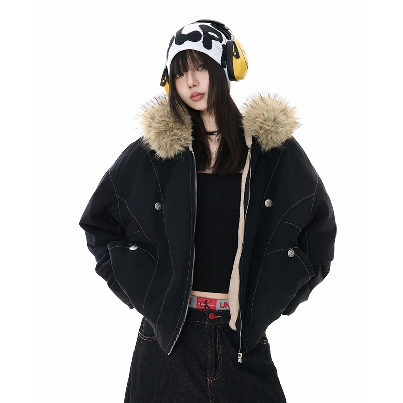 KRO冬季座山雕毛领连帽夹克棉服女加厚保暖宽松美式复古工装外套