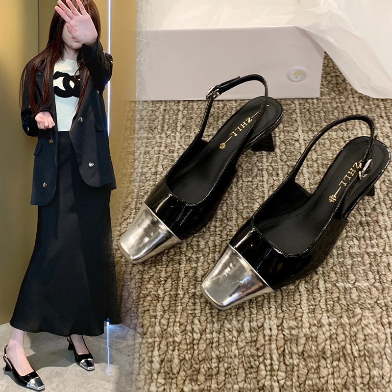 中空凉鞋女粗跟拼接小香风单鞋包头后空凉鞋宽胖脚大码女鞋