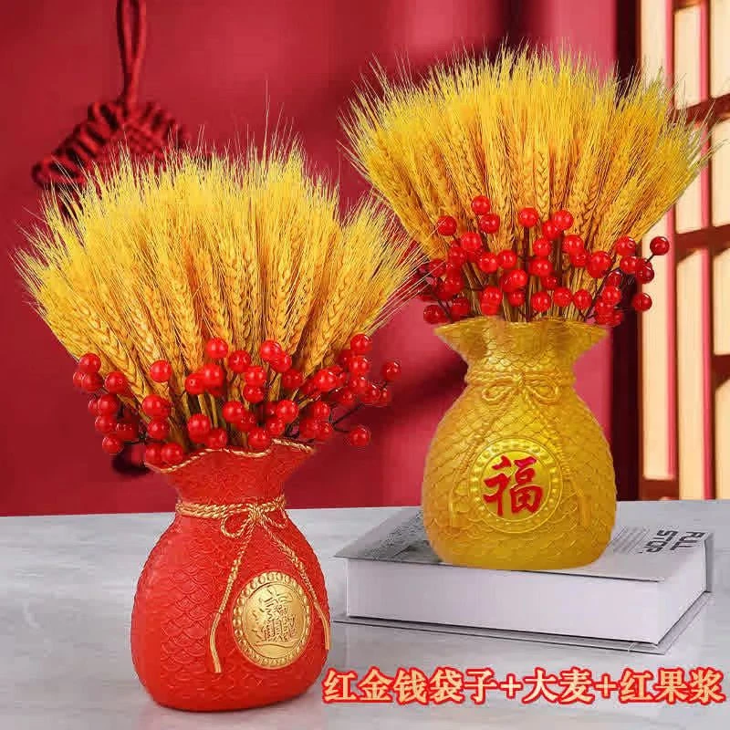 福袋插花客厅玄关电视柜摆件花瓶红果黄金麦穗乔迁开业喜庆礼品