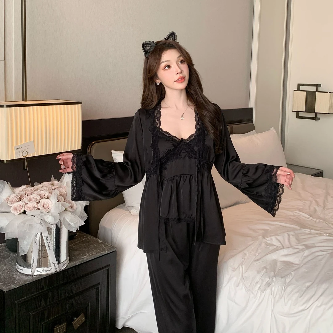 蕾丝吊带三件套女士纯欲风春夏季缎面长袖家居服温暖舒适套装