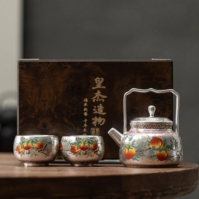 皇杰造物寿桃鎏银提梁壶一壶两杯家用精美中式 1507