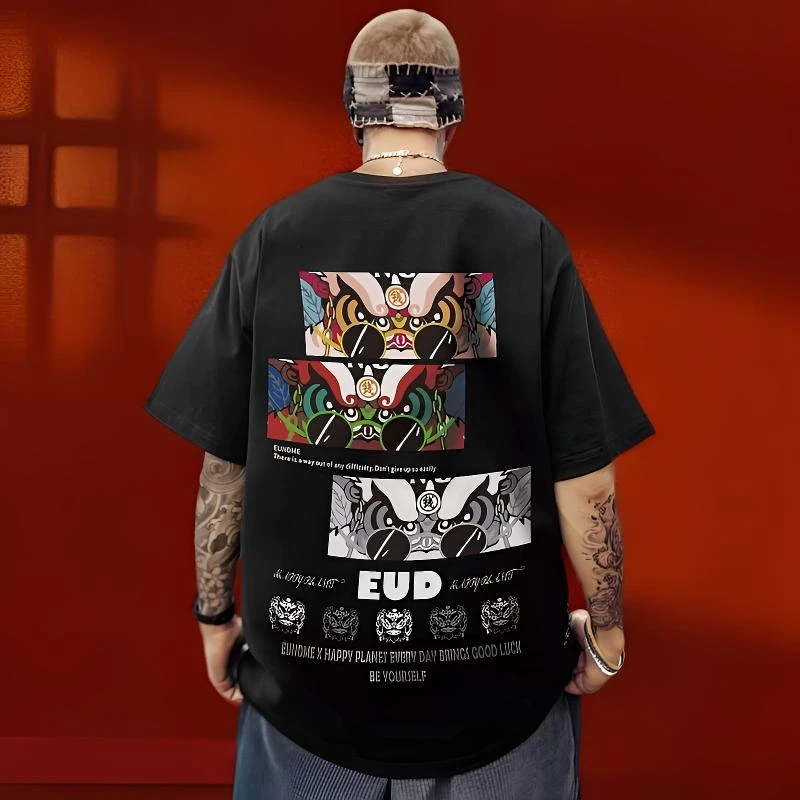 国潮标准情侣印花短袖欧美潮流夏季上衣T恤宽松落肩袖大码五分袖