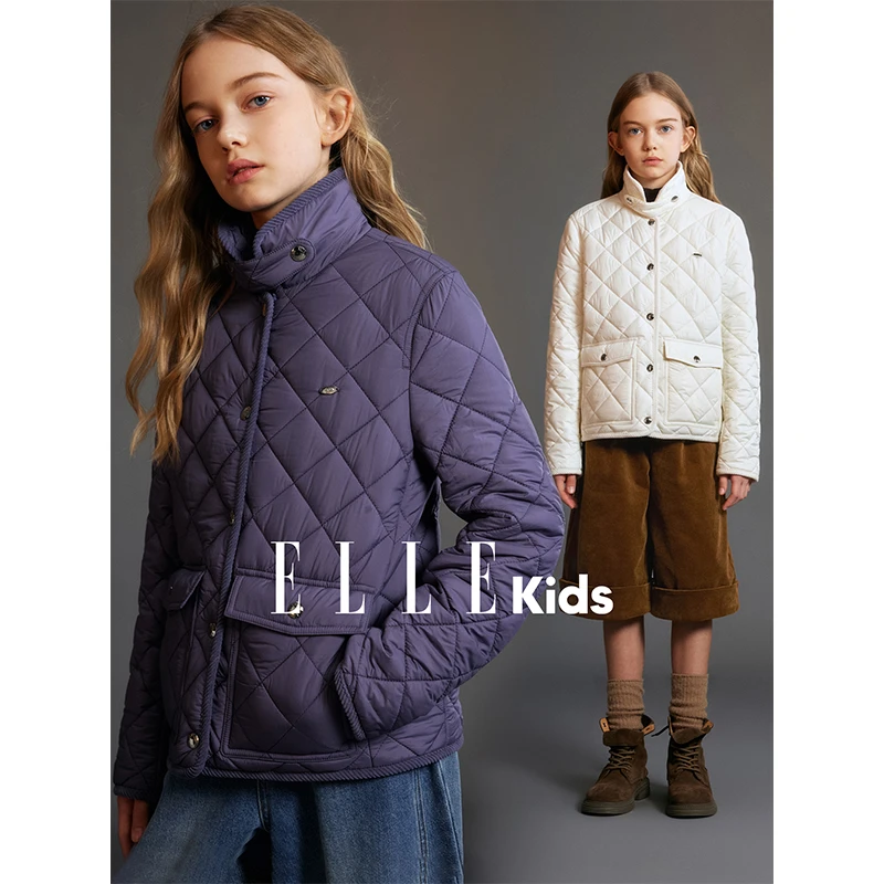 ELLE KIDS 菱格绗棉立领棉服女童冬季新款复古老钱风保暖外套D4