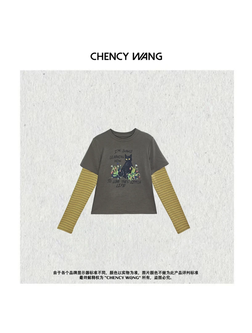 CHENCY【小黑猫】美式潮牌条纹拼接T恤