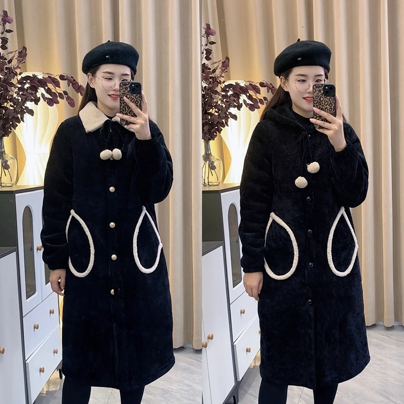 新款连帽雪尼尔冬季三层加厚加绒可外穿家居服冬季中长款夹棉长袍