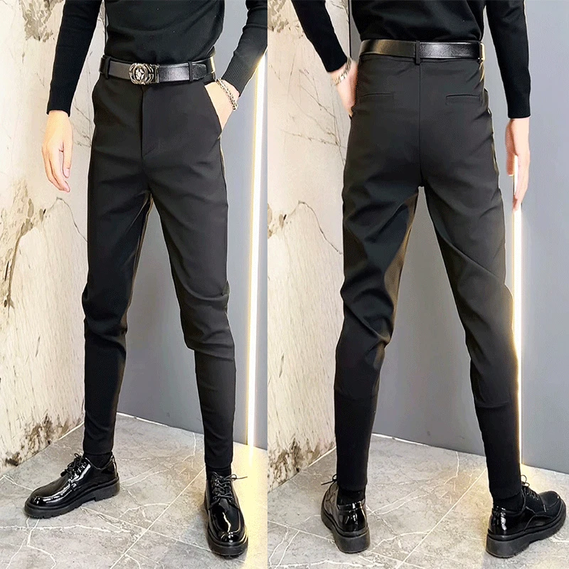 春季新款男士小西裤时尚痞帅高品质休闲裤百搭修身黑色小脚裤