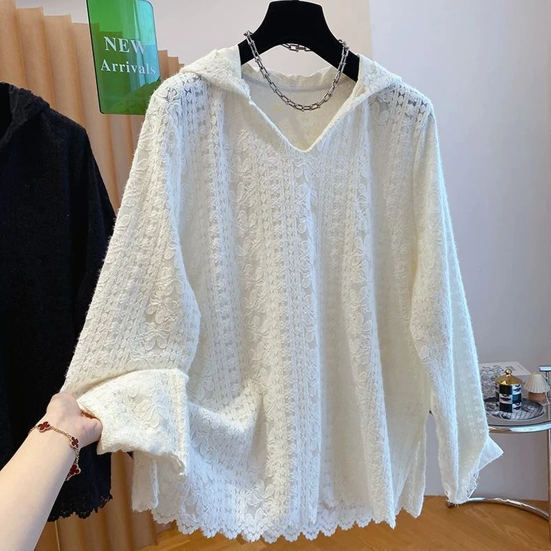 ins高级感提花镂空蕾丝衫秋冬季宽松叠穿百搭连帽胖mm上衣潮