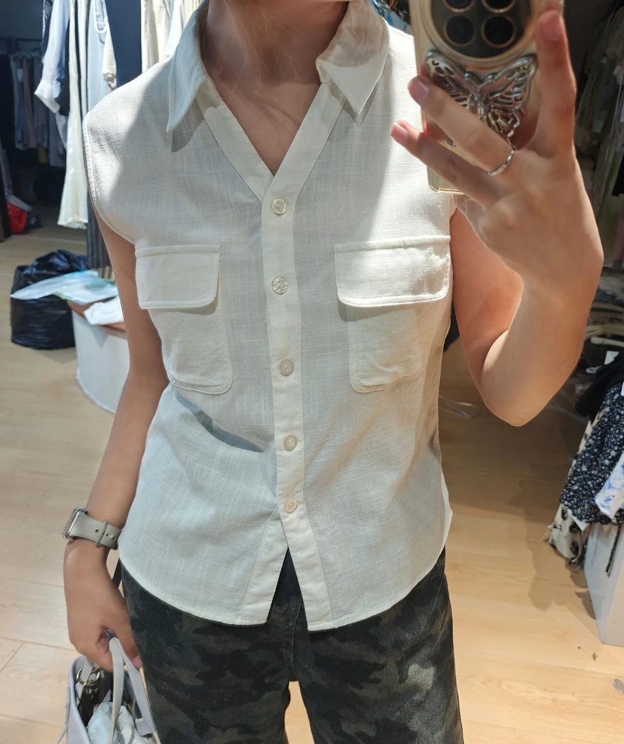 91138无袖白色衬衫春夏衬衣上衣翻领纯色轻薄透气时尚百搭夏季