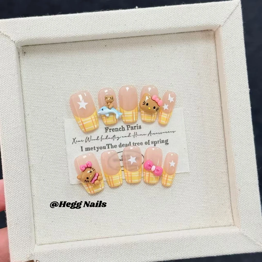 【黄格kitty】黄色法式格纹黑皮kitty猫甜美可爱少女心手工穿戴甲