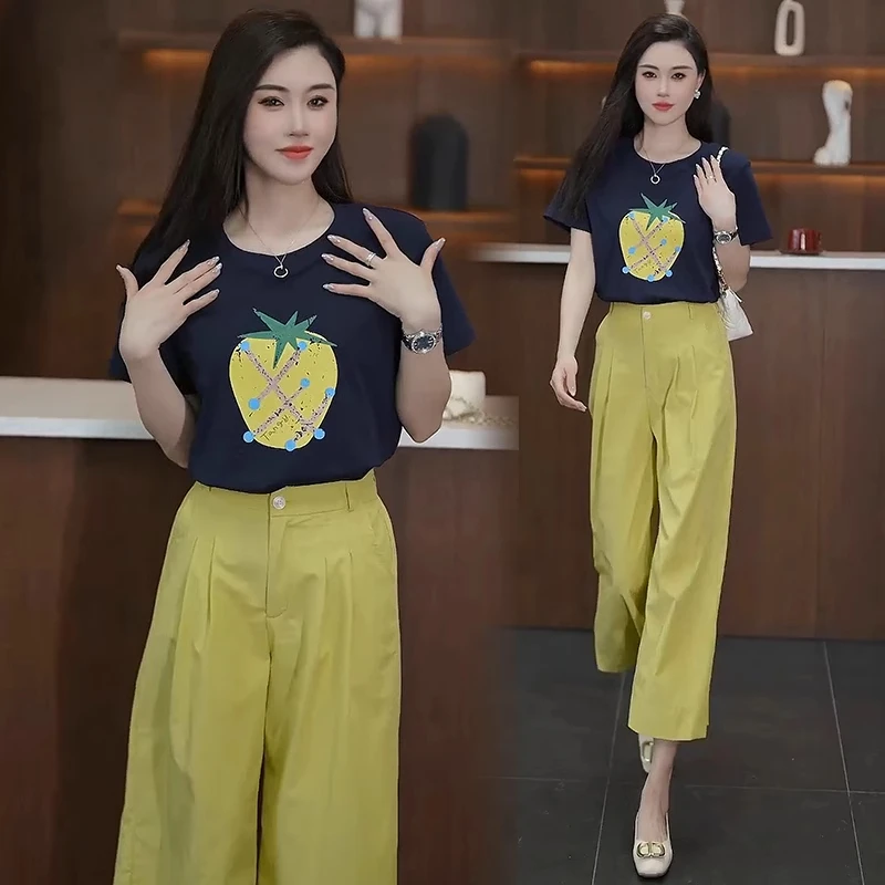 时尚休闲套装女2025夏季新款洋气显瘦印花T恤阔腿裤减龄两件套潮