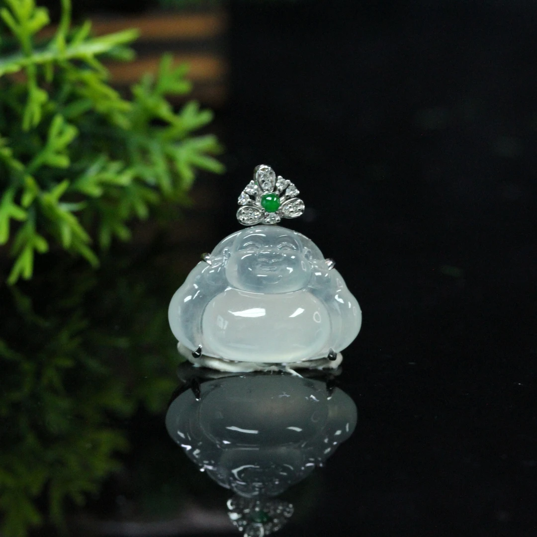 天然缅甸翡翠A货18K镶冰胶喜乐满怀佛公吊坠/01035149/拍卖