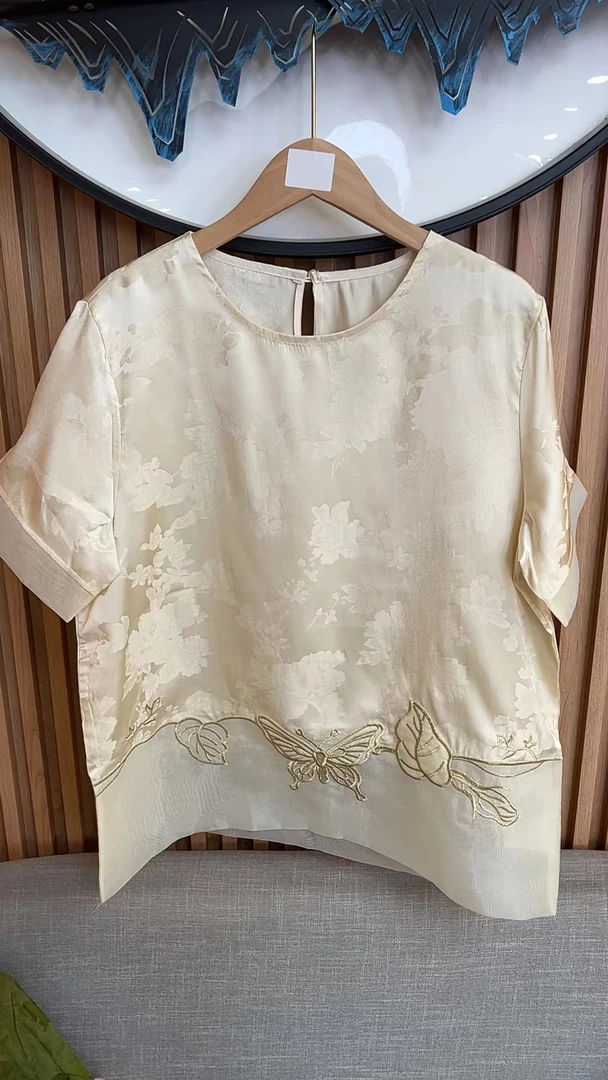 拼接短款短袖重工圆领套头新中式T恤气质休闲风百搭1557