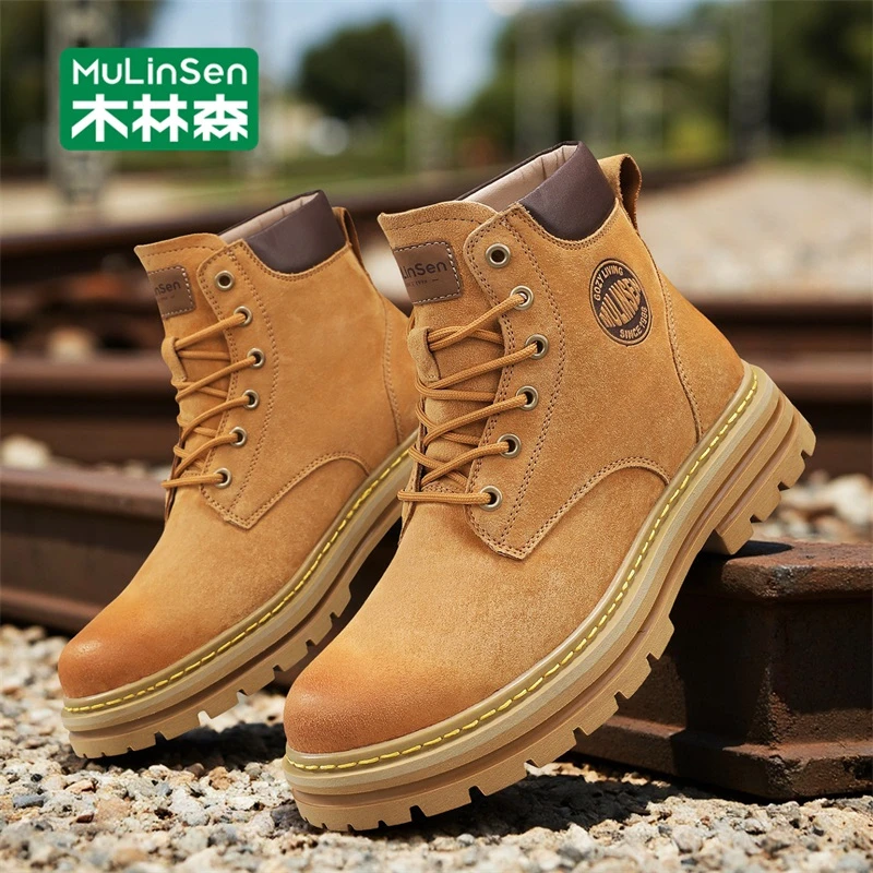 木林森男鞋猪皮户外高帮英伦风复古低帮工装马丁靴厚底软皮休闲鞋
