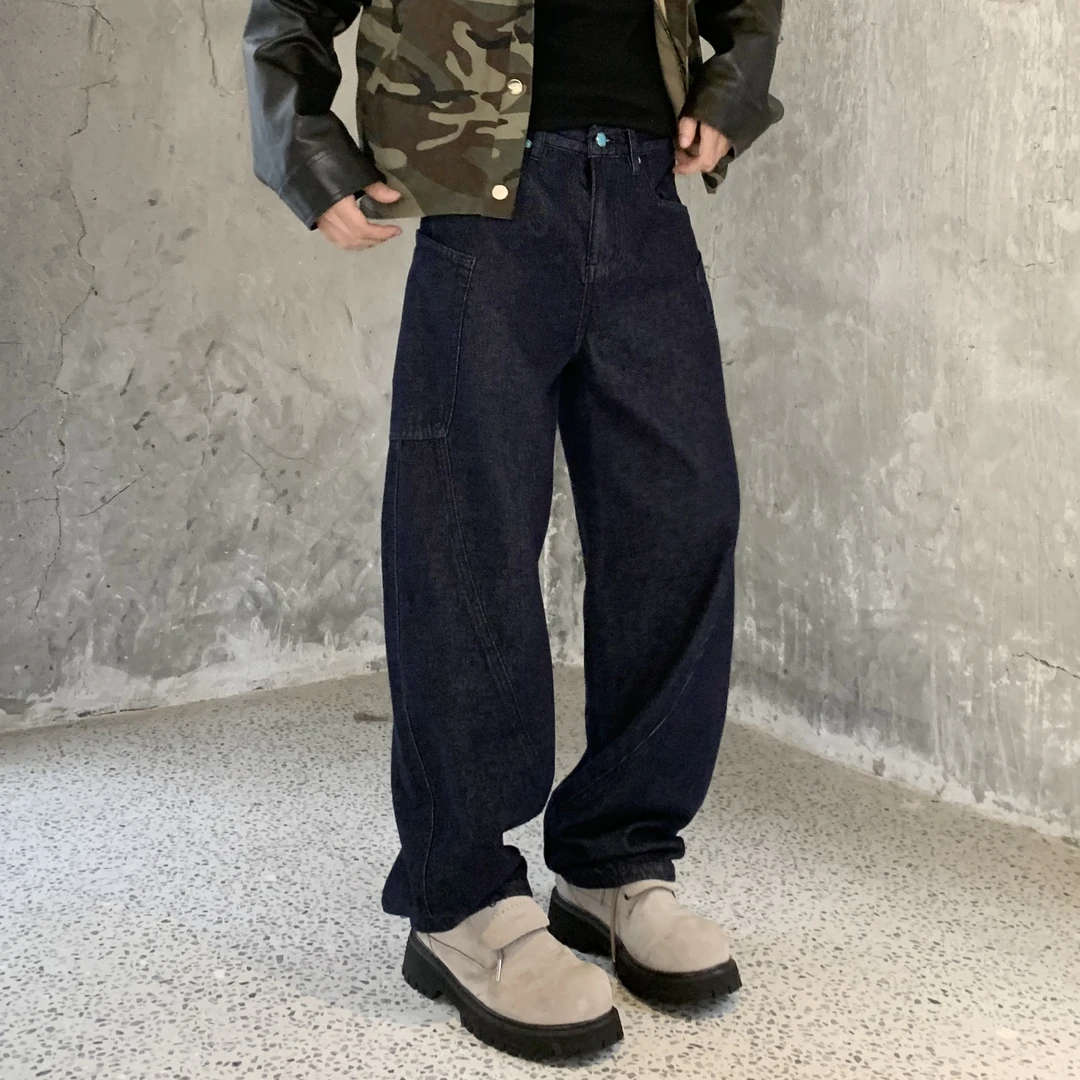 绿松石系列定制原色牛仔裤男款大口袋设计感潮牌宽松阔腿弯刀裤子