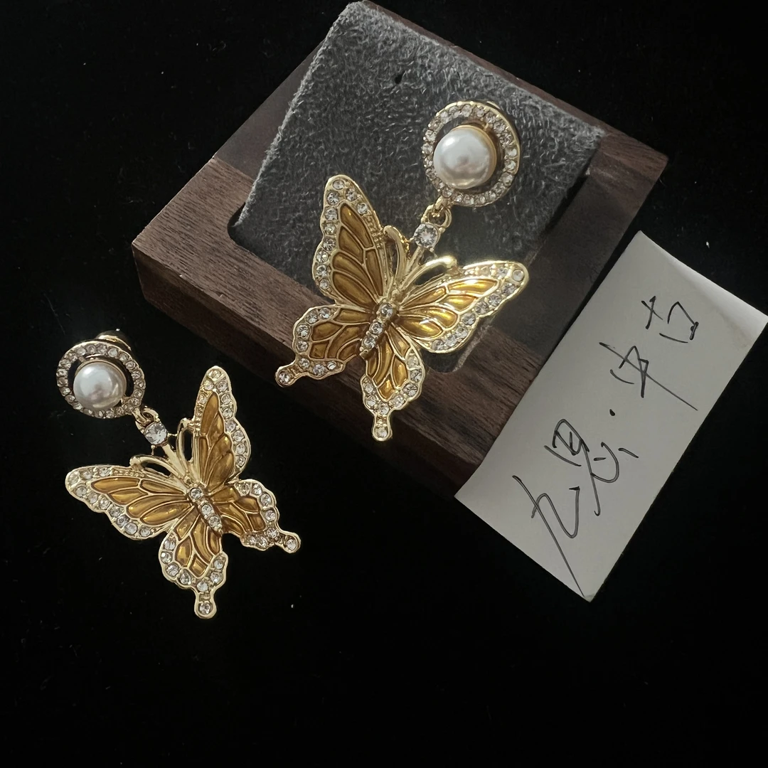 铜合金珐琅耳饰 铜合金镶锆珐琅蝴蝶耳坠 复古欧美风高级感轻奢