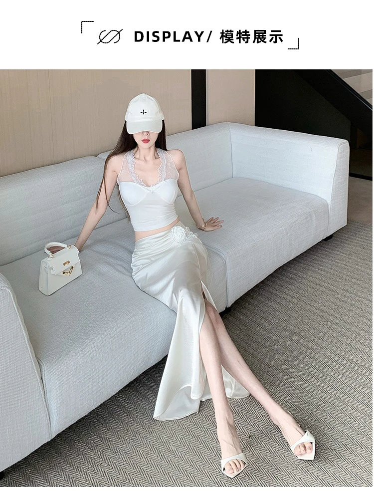 2025新款夏法式立体花朵缎面醋酸鱼尾开叉半身裙设计款高腰显瘦