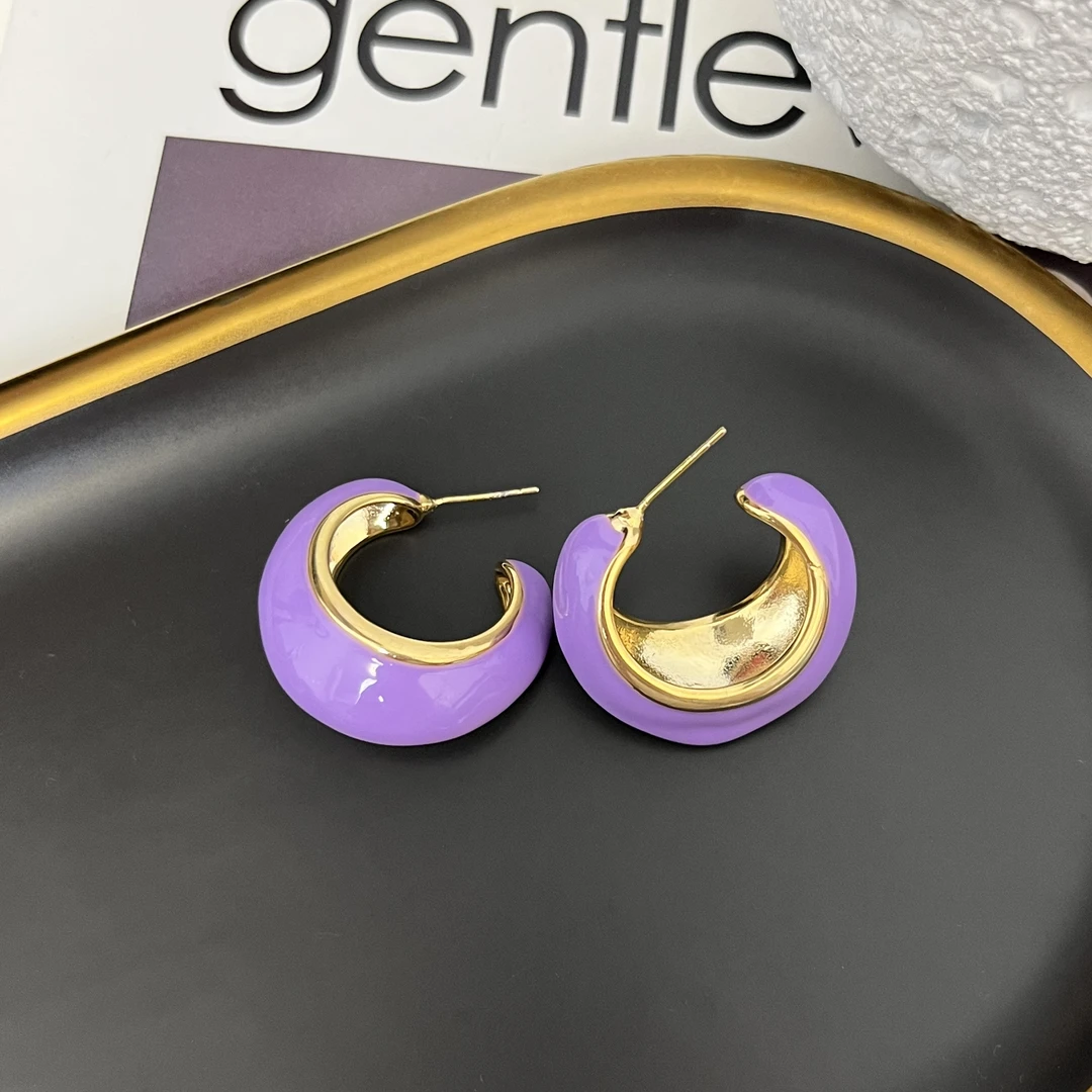 铜合金耳饰 紫色欧美日韩C型极简风卡通耳环轻奢晕染新中式