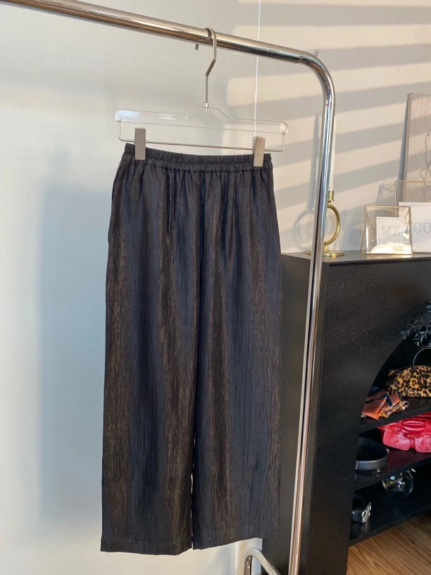 琉光液化醋酸肌理抗皱9分松紧腰黑色花苞裤YY1069阔腿裤