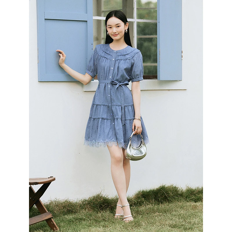 Goodland美地2025夏季新款法式茶歇牛仔蓝色显瘦连衣裙LC35205570