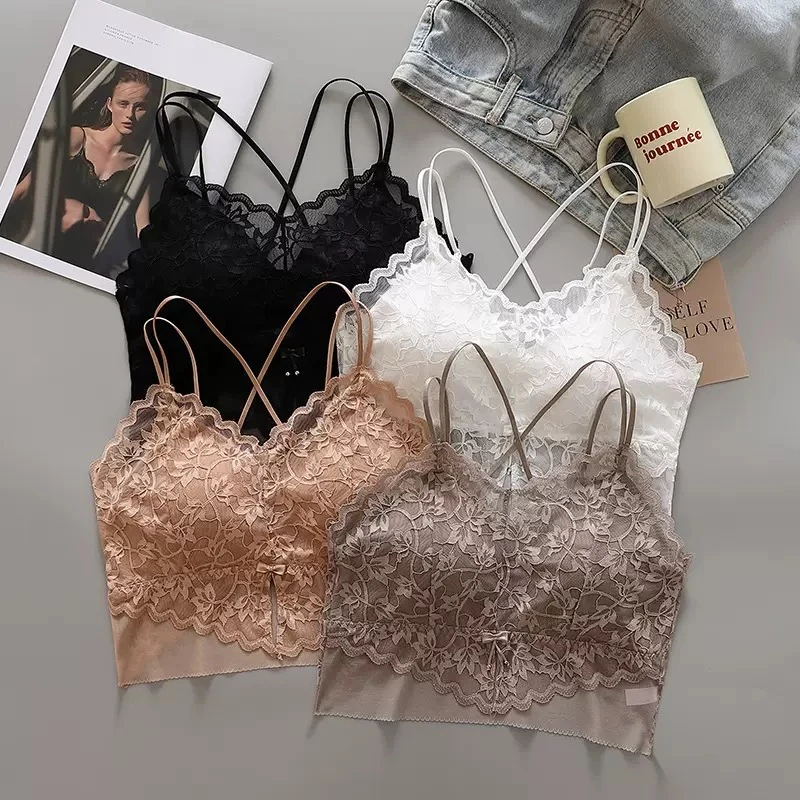 法式蕾丝美背背心细肩带吊带一体式裹胸内搭打底交叉美背