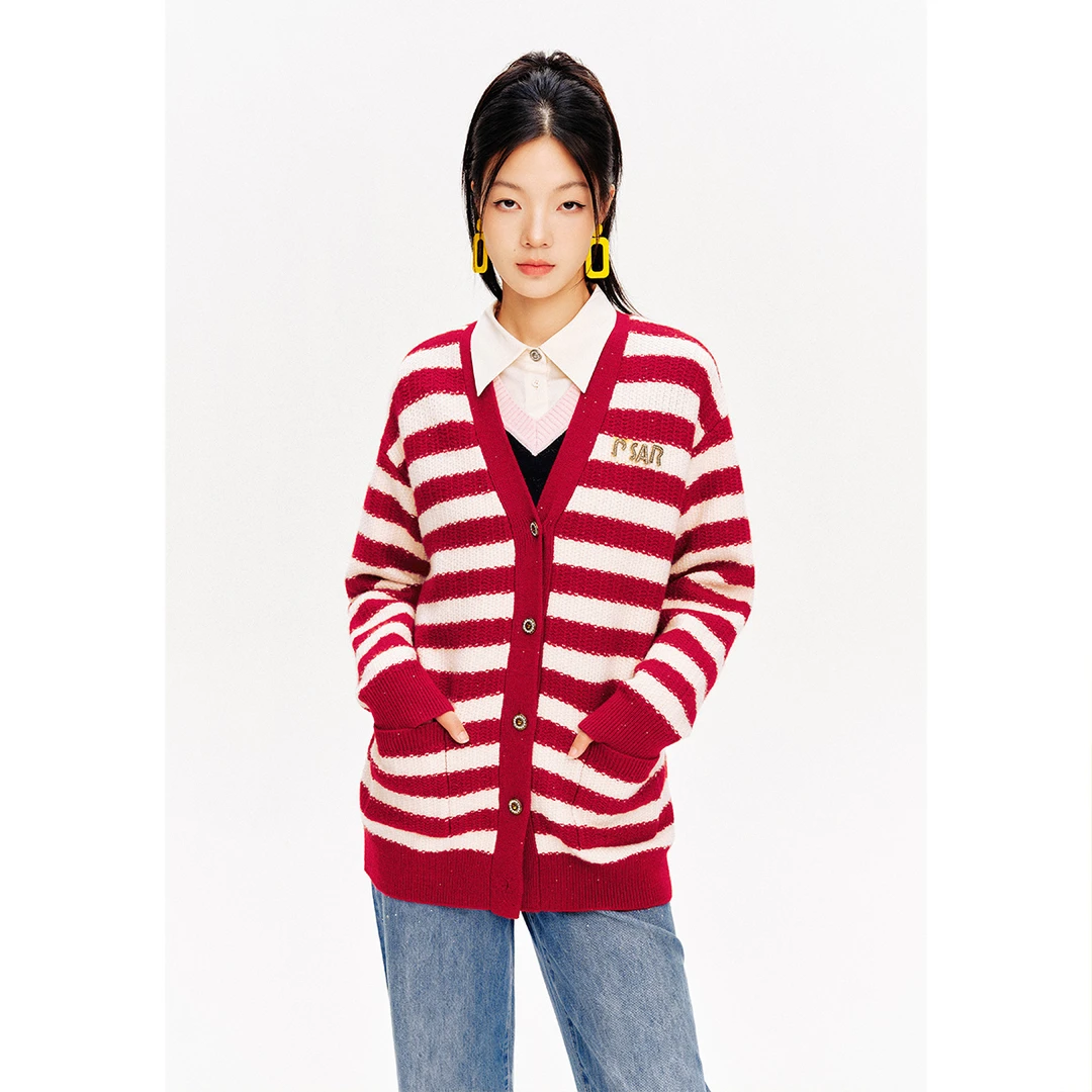 诗篇长袖撞色时尚休闲复古宽松条纹简约氛围感毛针织衫6C34106050