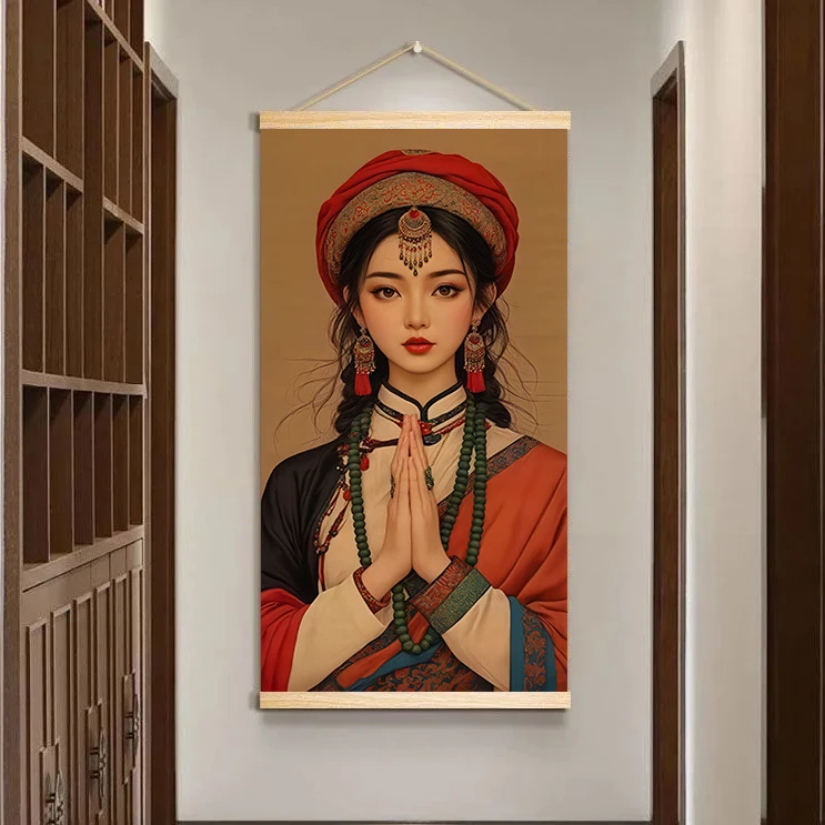 虔诚卓玛少女挂画茶室书房禅意装饰画办公室客厅沙发背景墙卷轴画