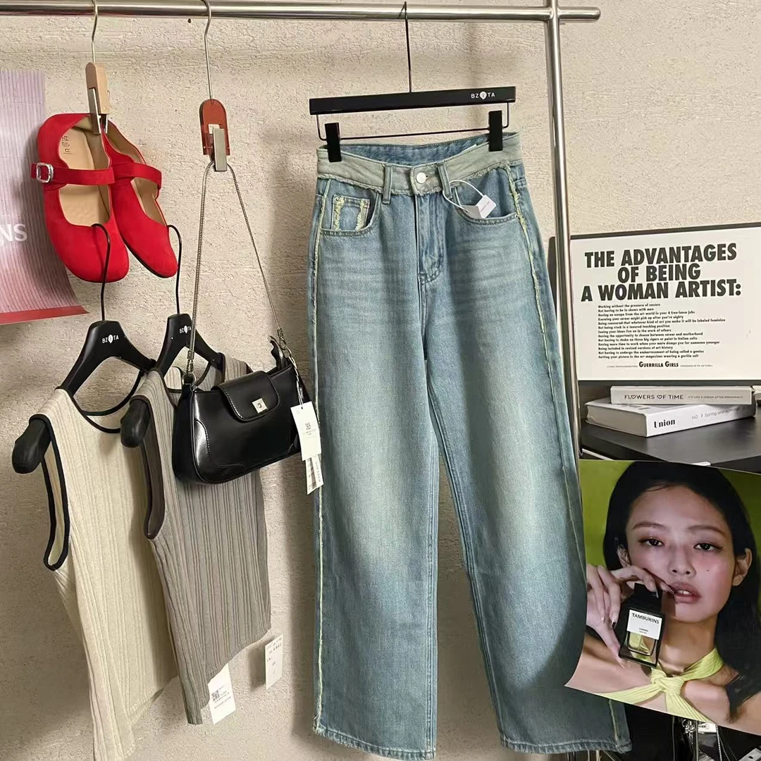 【 雨•美 推荐 】8066韩版时尚百搭高腰毛边直筒裤